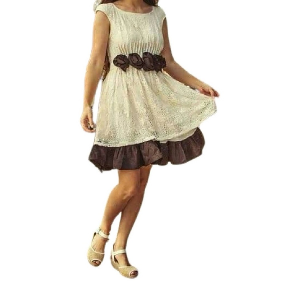 Y2K Ryu Anthropology Ruffle Lace Ecru Overlay Dress Boho Preppy Sz Large